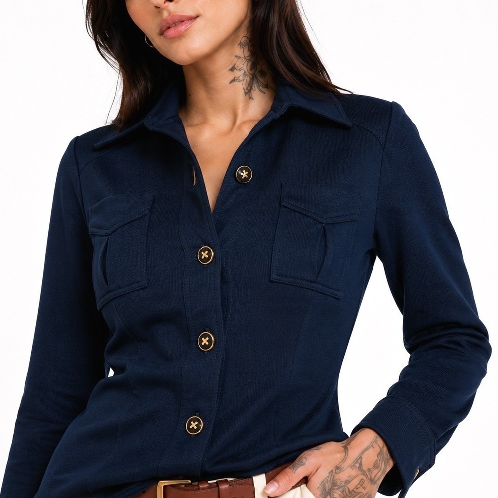 70s Vintage Blue Utility Blouse Size S Fitted Breast Pocket Top Office Button Up